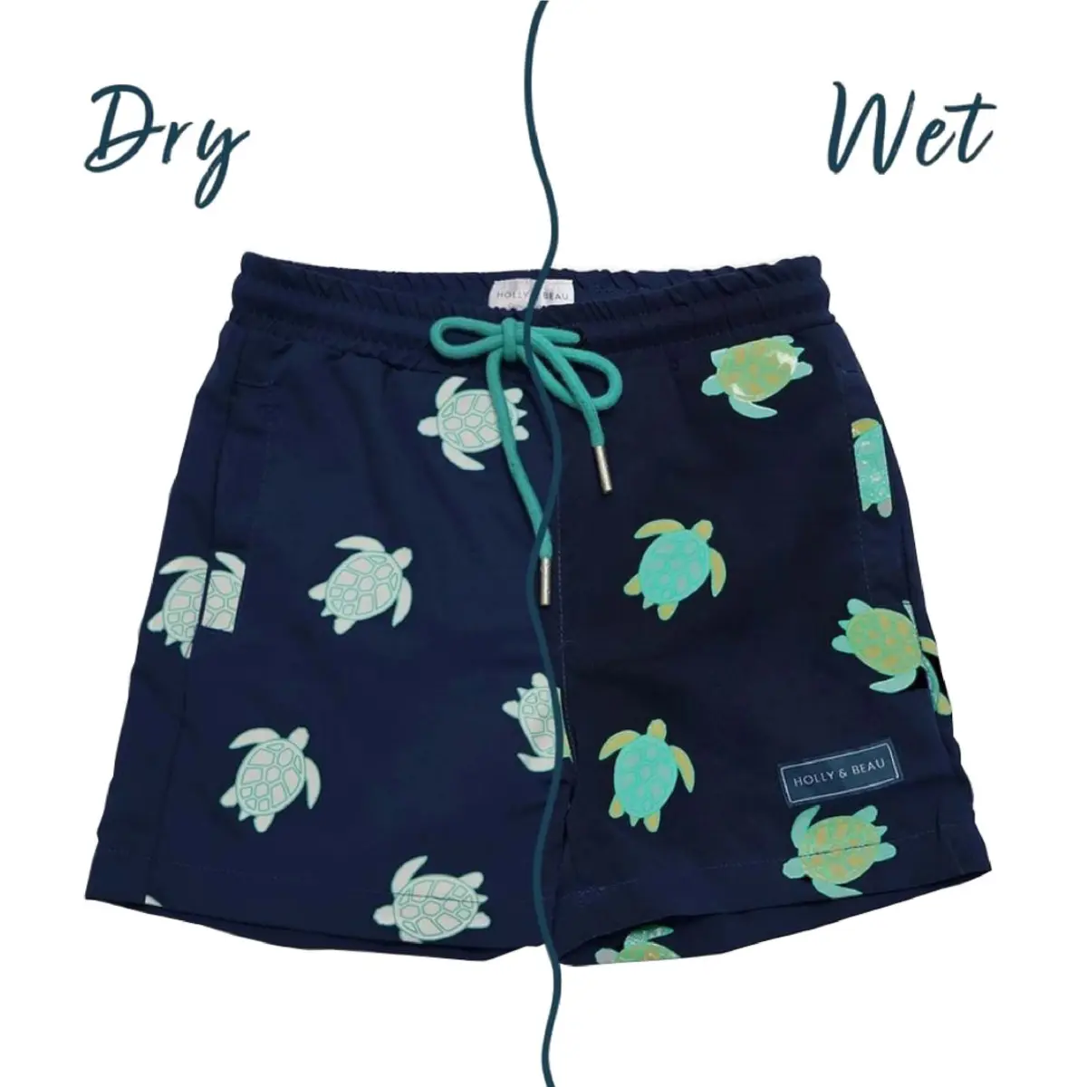 Navy Holly and Beau swim shorts with colour-changing turtle print