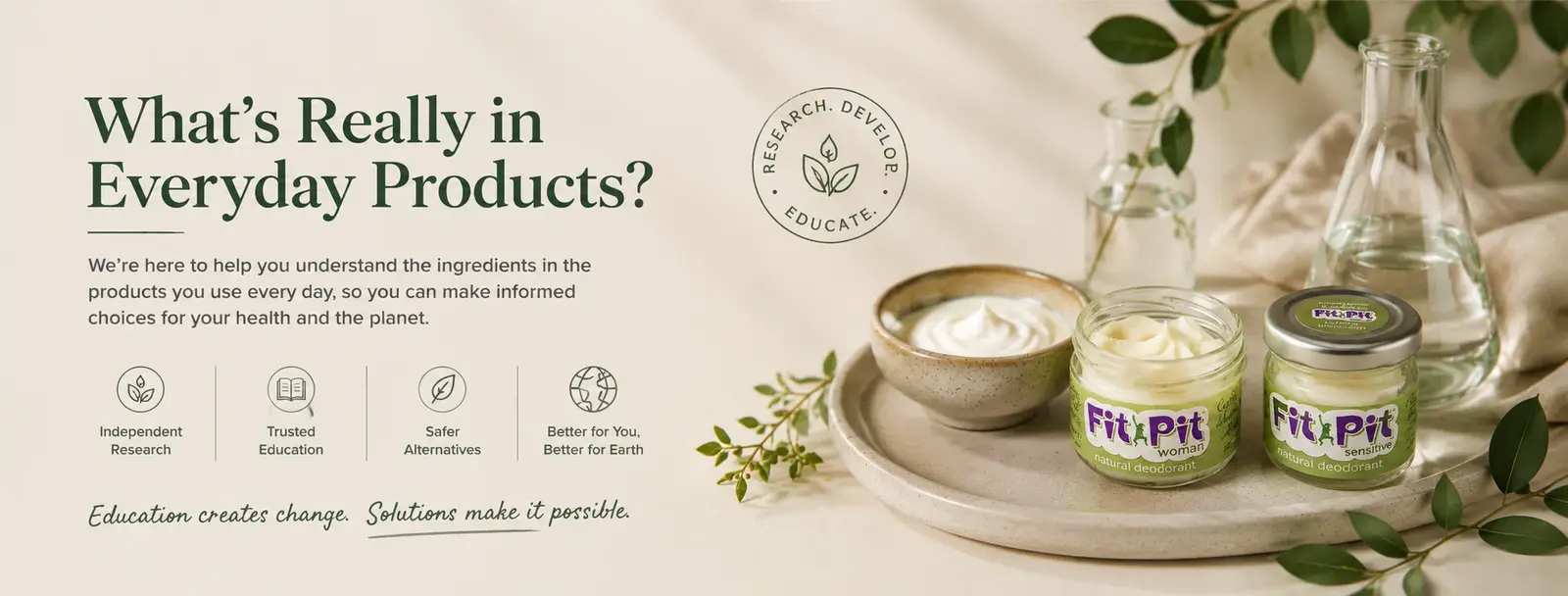 Natural deodorant jars and botanical ingredients from The Green Woman