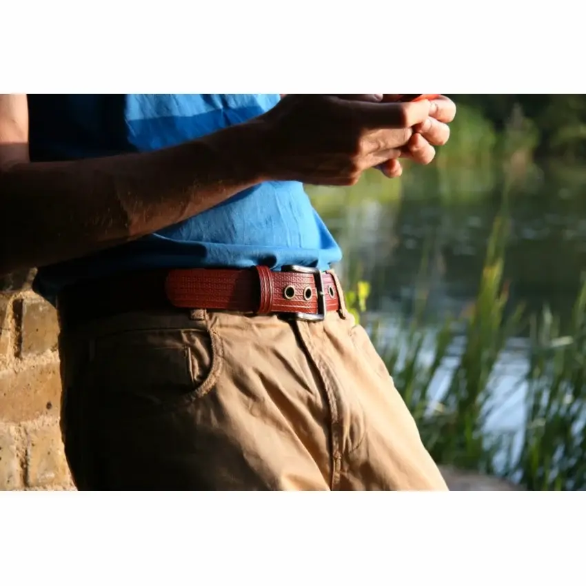 Elvis and Kresse red West End belt made from reclaimed fire hose