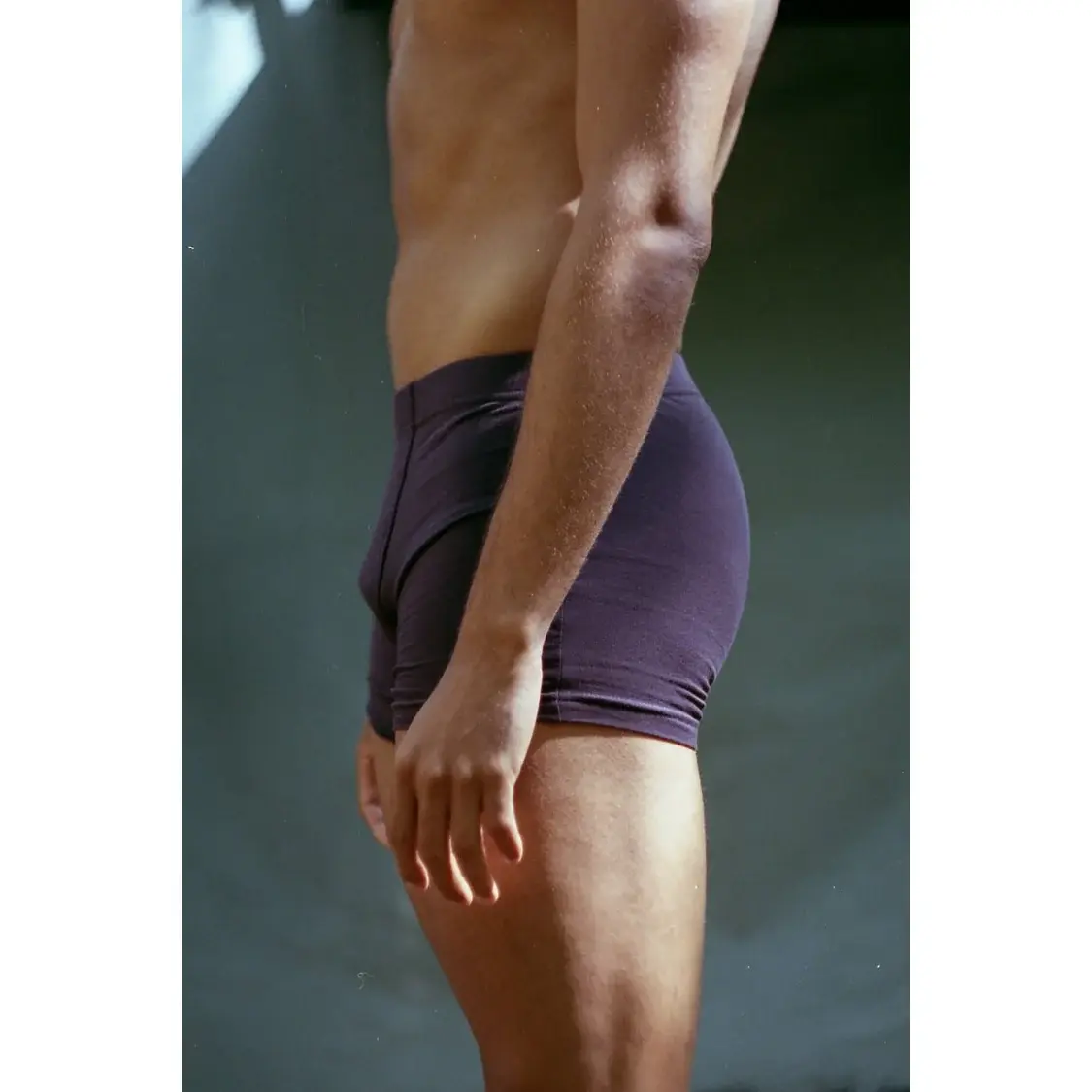 Model wearing Project Pico organic cotton trunk shorts