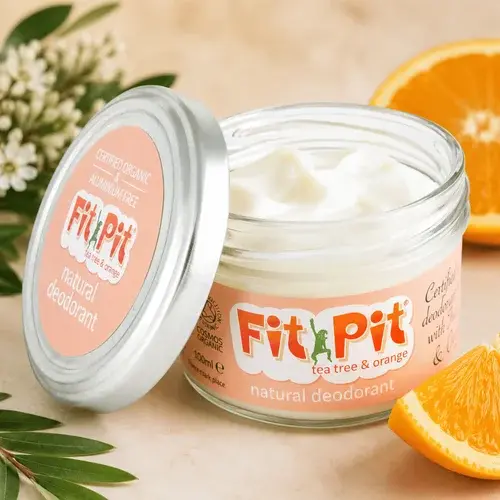 Fit Pit Tea Tree and Orange natural deodorant in a reusable glass jar