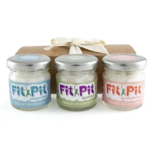 Six varieties of Fit Pit natural deodorant in reusable glass pots