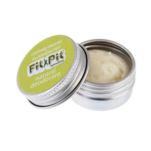 Open tin of The Green Woman Fit Pit Sensitive natural deodorant